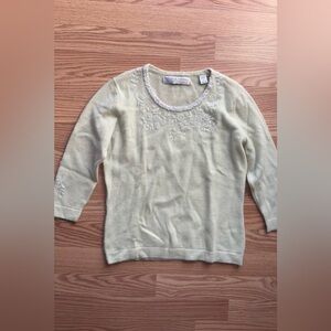 Vintage 90s Valerie Stevens Two Ply Cashmere Beaded Sweater Sz Medium Green